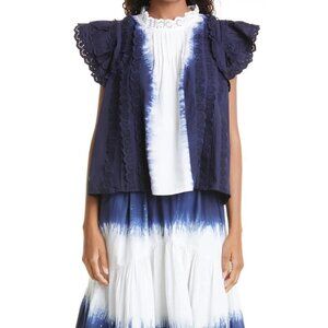 𝅺sea "Evelyn" Cotton Tie Dye Blouse Top New Blue White Eyelet Lace Ruffles